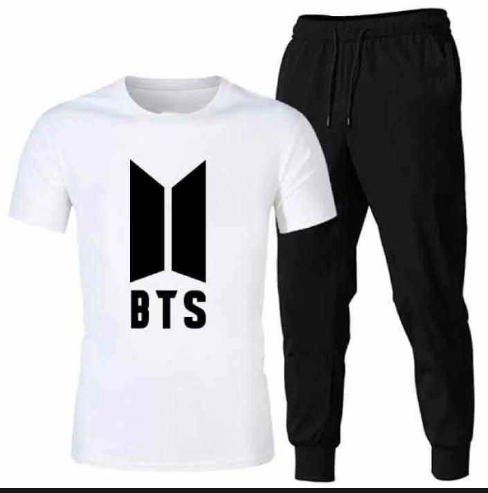Men BTS Logo Cotton Track Suit White 2Pcs