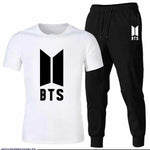 Men BTS Logo Cotton Track Suit White 2Pcs